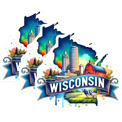 (3 Pack) Wisconsin State Decals - Wisconsin Home Decor - Laptop Decal- 3 Inches On Longest Side - Easy Peel & Apply - Made in USA - 3MCS5280