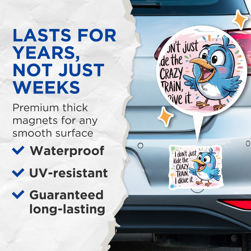 (2 Pack) Crazy Train Saying Magnets - Funny Quote Decor - Humorous Bird Art - Quirky Refrigerator Accent - 5 Inches On Longest Side - Thick Durable Magnet - Made in USA - MAG38753