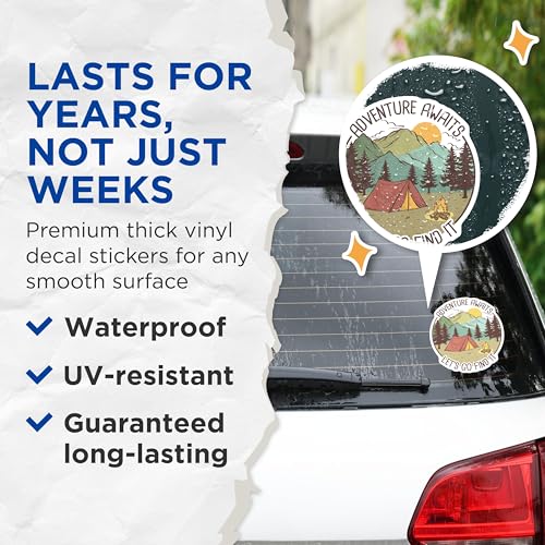 (2 Pack) Adventure Awaits Stickers - Let's Go Find It - Camping Tent Stickers - Nature Hiking Stickers - 5" On Longest Side - Sticks to Smooth Flat Surfaces - Made in USA - BMCS5848