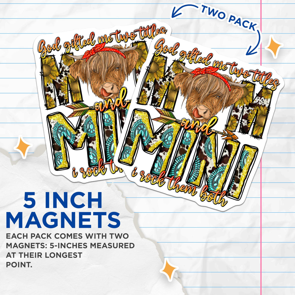 (2 Pack) Highland Cow Mom Magnets - Western Mama Mini Refrigerator - Boho Cowhide Kitchen Decoration - 5 Inches On Longest Side - Thick Durable Magnet - Made in USA - MAG25422