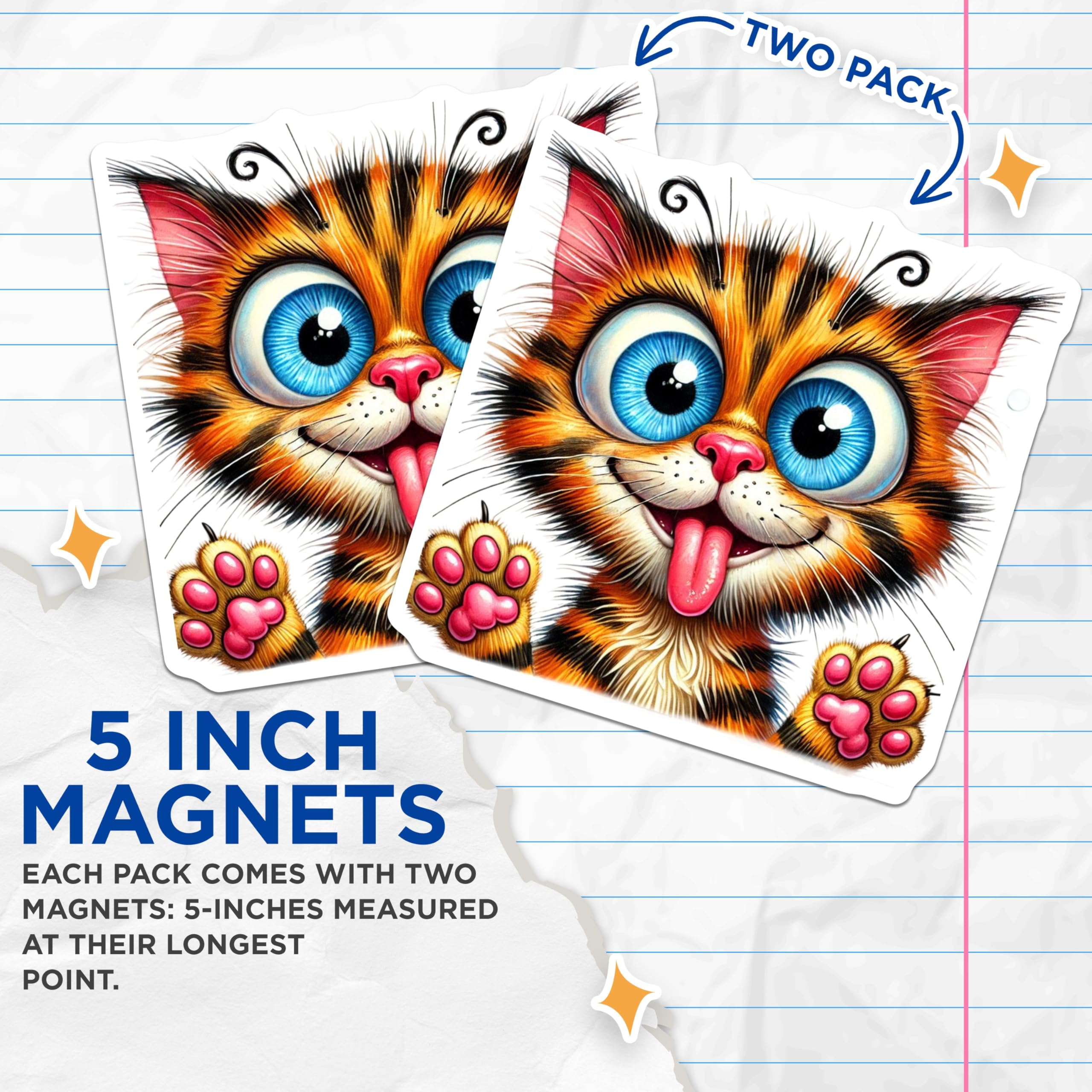 (2 Pack) Goofy Cat Magnets - Blue Eyes Kitty Decor - Whimsical Pet Accessories - 5" On Longest Side - Premium Magnet - for Cars, Refrigerators, Toolboxes, Lockers - Made in USA - MAG16047