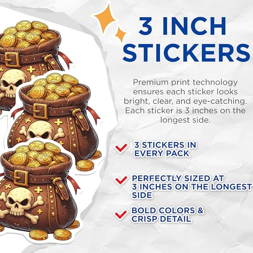 (3 Pack) Treasure Decals - Skull Coins - Pirate Laptop Decal- 3 Inches On Longest Side - Easy Peel & Apply - Made in USA - 3MCS5577