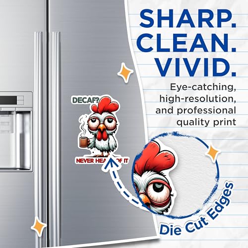 (2 Pack) Funny Chicken Caffeine Magnets - Coffee Lover Cartoon Magnets - Decaf Never Heard of It Magnets- 5" On Longest Side - for Fridges, Toolboxes, Cars - Made in USA - MAG2782