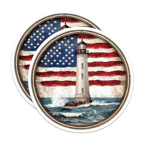 (2 Pack) Patriotic Lighthouse Stickers - American Flag Lighthouse - Coastal Themed Stickers - 5" On Longest Side - Sticks to Smooth Flat Surfaces - Made in USA - BMCS9451
