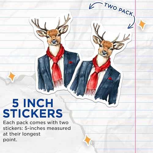 (2 Pack) Deer in Suit Stickers - Dapper Animal Art - Woodland Creatures - 5" On Longest Side - Sticks to Smooth Flat Surfaces - Made in USA - BMCS9505