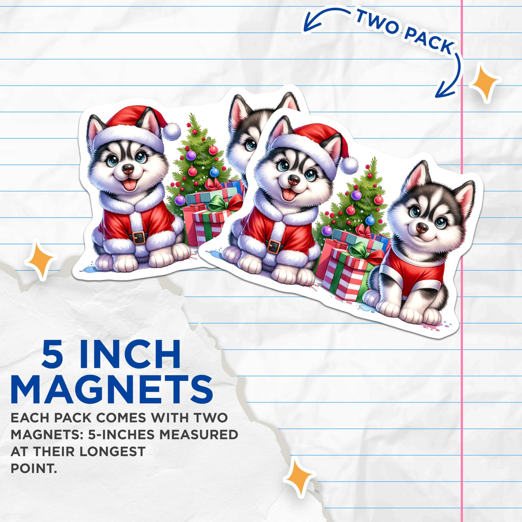 (2 Pack) Husky Christmas Magnets - Santa Puppy Refrigerator Magnets - Holiday Dog Decor Stocking Stuffers for Pet Lovers - 5 Inches On Longest Side - Thick Durable Magnet - Made in USA - MAG30712
