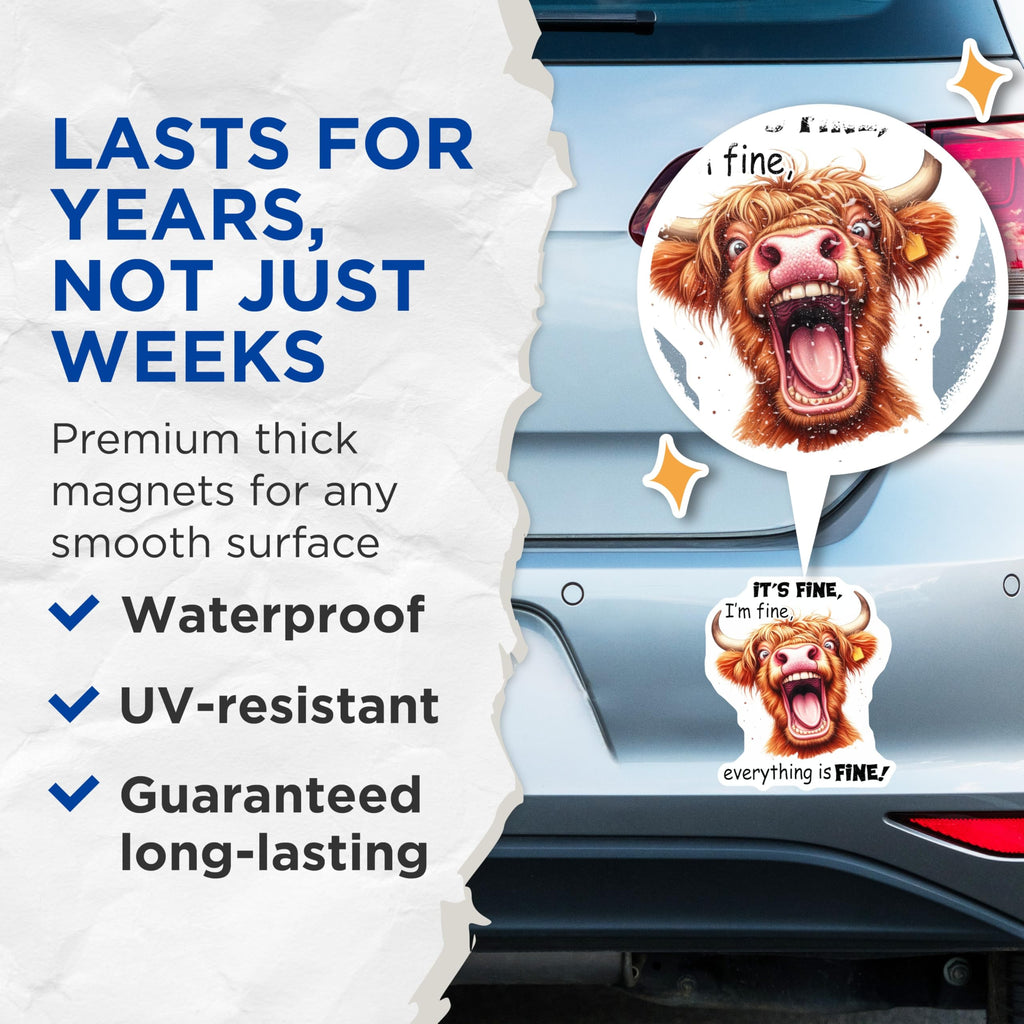(2 Pack) Highland Cow Magnets - Funny Animal Magnets - It's Fine Everything is Fine - 5" On Longest Side - Premium Magnet - for Cars, Refrigerators, Toolboxes, Lockers - Made in USA - MAG14866