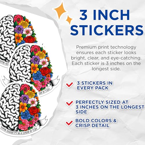 (3 Pack) Floral Brain Decals - Anxiety Awareness - Mental Health Stickers - 3 Inches On Longest Side - Easy Peel & Apply - Made in USA - 3MCS7015