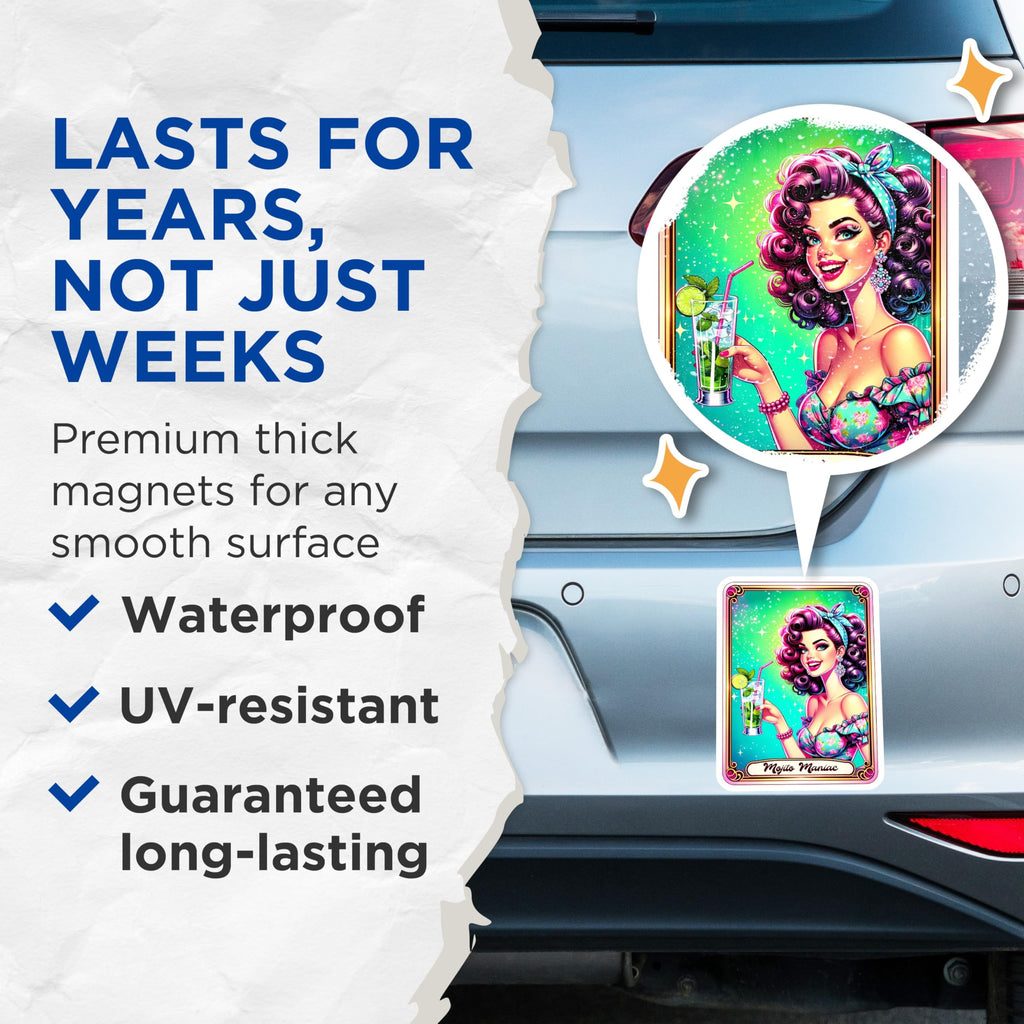 (2 Pack) Mojito Maniac Magnets - Retro Pinup Girl Art - Cocktail Lover Decor - 5 Inches On Longest Side - Thick Durable Magnet - Made in USA - MAG20954
