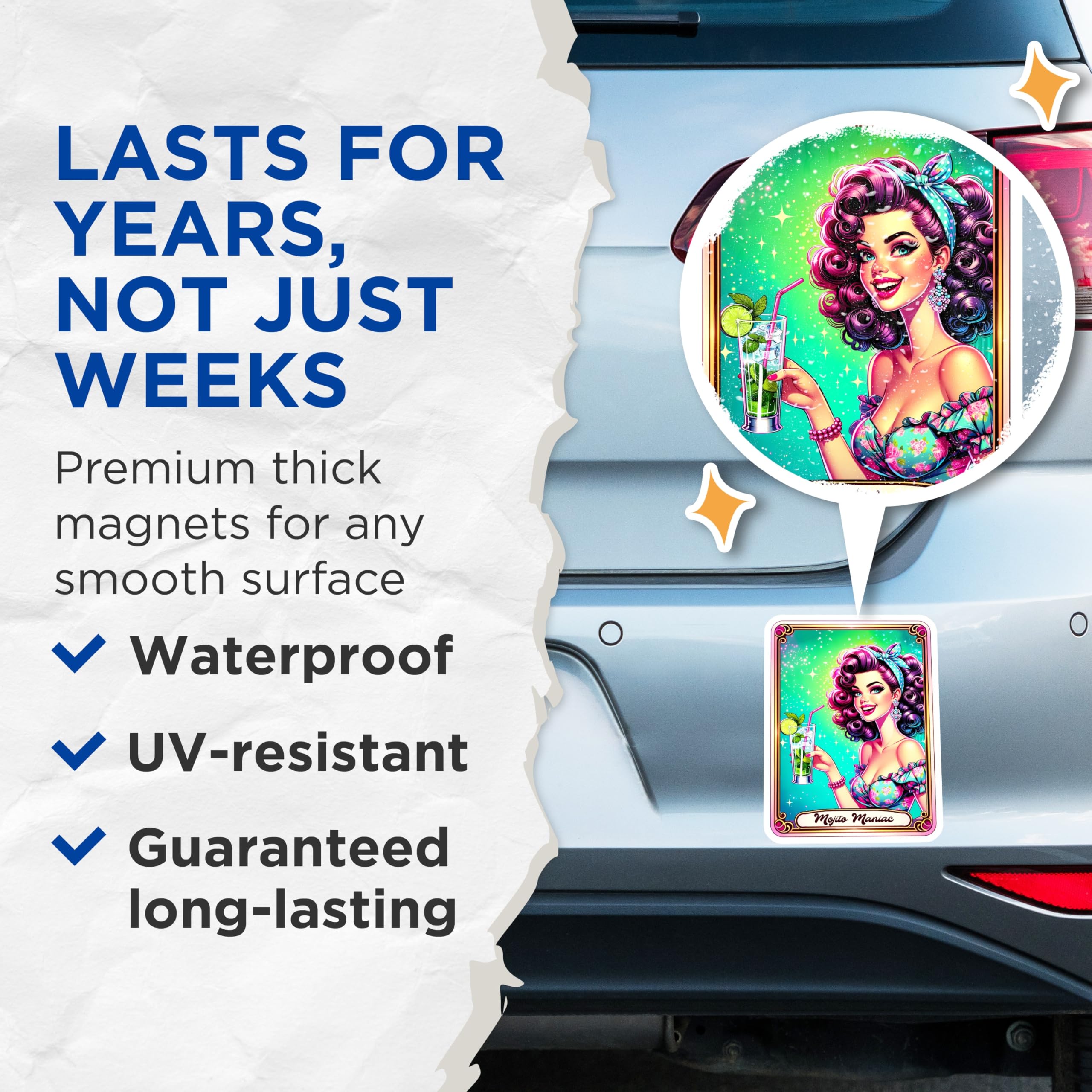 (2 Pack) Mojito Maniac Magnets - Retro Pinup Girl Art - Cocktail Lover Decor - 5 Inches On Longest Side - Thick Durable Magnet - Made in USA - MAG20954