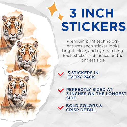 (3 Pack) Tiger Face Decals - Laptop Decal - Wild Animal Sticker - 3 Inches On Longest Side - Easy Peel & Apply - Made in USA - 3MCS2582