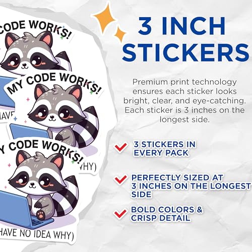(3 Pack) Programmer Raccoon Decals - Funny Coding Laptop Sticker - Code Works Why Meme - 3 Inches On Longest Side - Easy Peel & Apply - Made in USA - 3MCS4849