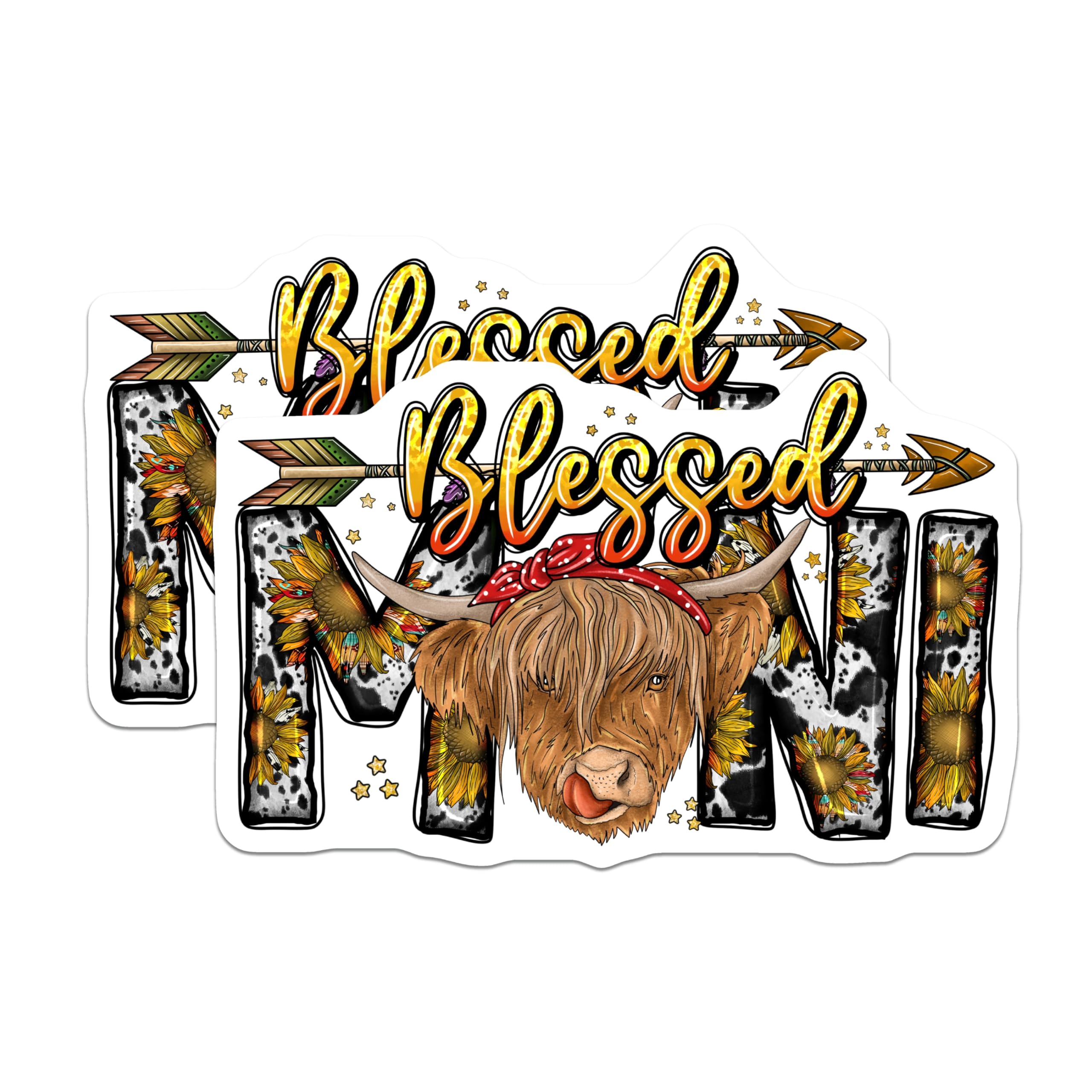 (2 Pack) Blessed MMI Highland Cow Magnets - Sunflower Bandana Cow Print Design - Western Farmhouse Kitchen Decor - 5 Inches On Longest Side - Thick Durable Magnet - Made in USA - MAG24321