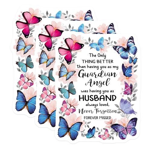 (3 Pack) Guardian Angel Husband Decals - Butterfly Memorial - Bereavement Gift - 3 Inches On Longest Side - Easy Peel & Apply - Made in USA - 3MCS4898
