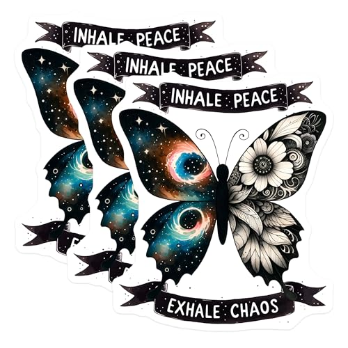 (3 Pack) Butterfly Decals - Inhale Peace Exhale Chaos - Galaxy Floral Laptop Decal - 3 Inches On Longest Side - Easy Peel & Apply - Made in USA - 3MCS8507