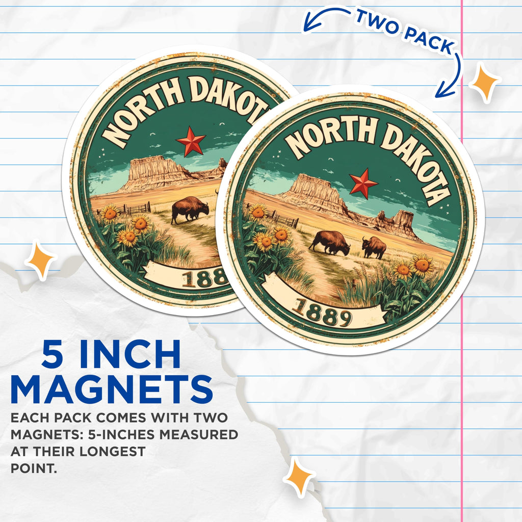 (2 Pack) North Dakota Magnets - Bison Sunflowers - State Seal Fridge Magnets - 5" On Longest Side - Premium Magnet - for Cars, Refrigerators, Toolboxes, Lockers - Made in USA - MAG14588