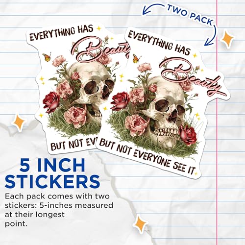 (2 Pack) Skull Floral Beauty Stickers - Inspirational Quote - Unique Skull Art - 5" On Longest Side - Sticks to Smooth Flat Surfaces - Made in USA - BMCS9037 - BMCS9037