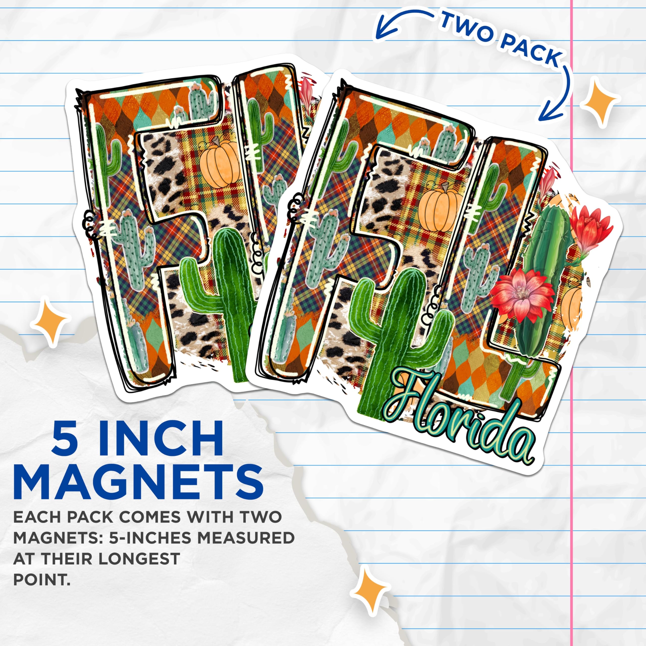(2 Pack) Florida State Magnets - Cactus and Pumpkin Design - Unique Home Decor Magnets - 5" On Longest Side - Premium Magnet - for Cars, Refrigerators, Toolboxes, Lockers - Made in USA - MAG18337