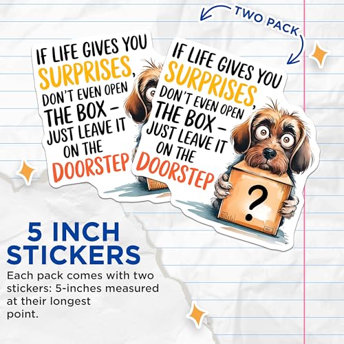 (2 Pack) Life Gives Surprises Stickers - Funny Dog Meme - Uplifting Quotes - 5" On Longest Side - Sticks to Smooth Flat Surfaces - Made in USA - BMCS6059