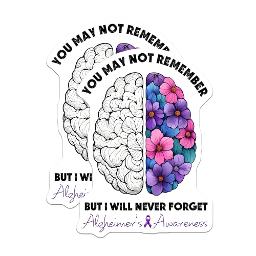 (2 Pack) Alzheimer's Awareness Stickers - Inspirational Quote - Brain and Flower Design - 5" On Longest Side - Sticks to Smooth Flat Surfaces - Made in USA - BMCS9795