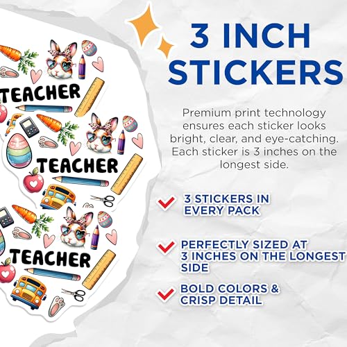 (3 Pack) Teacher Decals - Rabbit Bunny - Back to School Decals - 3 Inches On Longest Side - Easy Peel & Apply - Made in USA - 3MCS6917