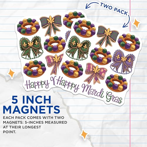 (2 Pack) Happy Mardi Gras Magnets - Festive Wreath Magnets - Holiday Magnets - 5" On Longest Side - for Cars, Fridges, Toolboxes - Made in USA - MAG4136