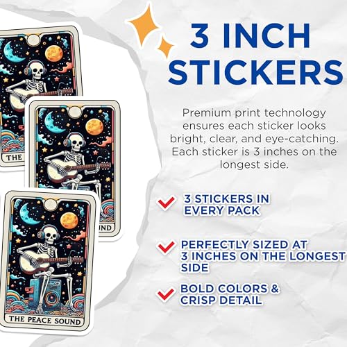(3 Pack) Peace Sound Skeleton Decals - Guitar Player - Celestial Laptop Decal - 3 Inches On Longest Side - Easy Peel & Apply - Made in USA - 3MCS4241