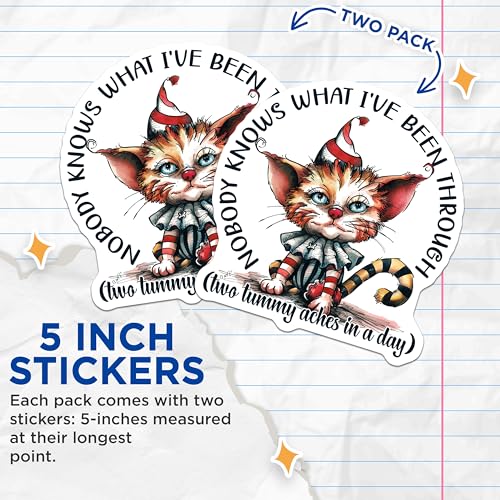 (2 Pack) Funny Cat Quote Stickers - Circus Cat Stickers - Cute Animal Stickers for Journals and Laptops - 5" On Longest Side - Sticks to Smooth Flat Surfaces - Made in USA - BMCS4344