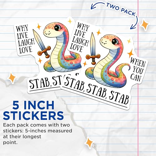 (2 Pack) Funny Snake Stickers - Humorous Quotes - Cute Animal Stickers - 5" On Longest Side - Sticks to Smooth Flat Surfaces - Made in USA - BMCS9682