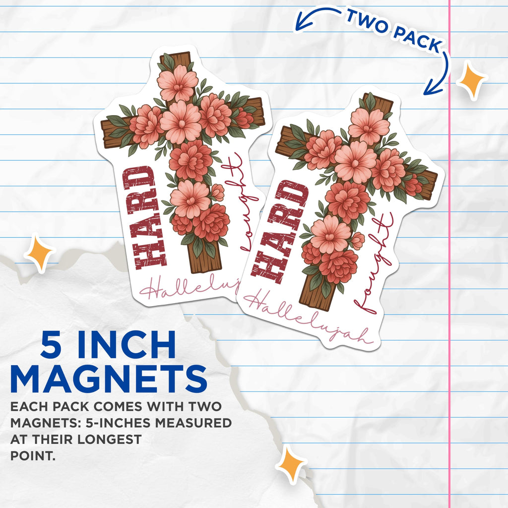 (2 Pack) Hard Praise Hallelujah Magnets - Floral Cross Faith Decor - Inspirational Christian Refrigerator Item - 5 Inches On Longest Side - Thick Durable Magnet - Made in USA - MAG26255