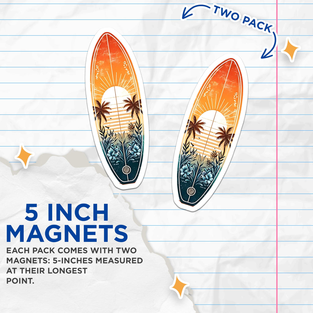 (2 Pack) Surfboard Beach Magnets - Sunset Palm Tree Decor - Summer Vacation Fridge Magnets - 5" On Longest Side - Premium Magnet - for Cars, Refrigerators, Toolboxes, Lockers - Made in USA - MAG15204
