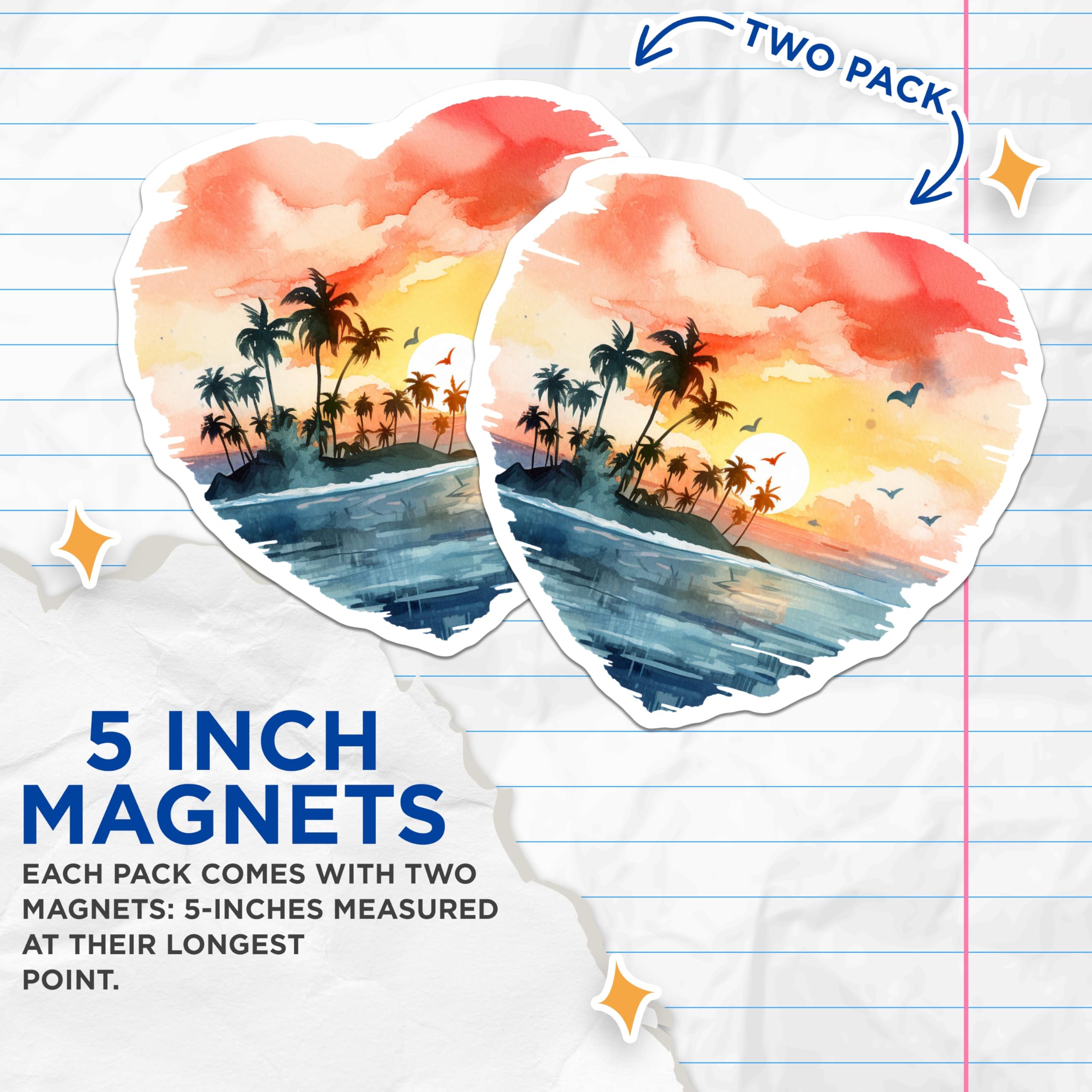 (2 Pack) Tropical Sunset Magnets - Watercolor Palm Island Ocean Art - Heart Beach Decor - Summer Vibes - 5 Inches On Longest Side - Thick Durable Magnet - Made in USA - MAG19570