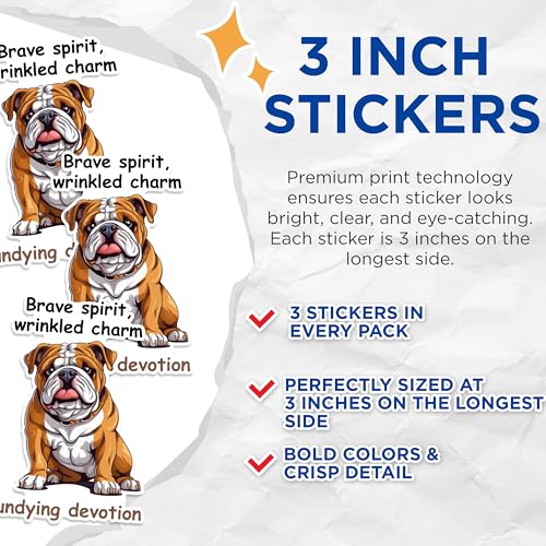 (3 Pack) Bulldog Decals - Brave Spirit - Wrinkled Charm Laptop Decal - 3 Inches On Longest Side - Easy Peel & Apply - Made in USA - 3MCS1249