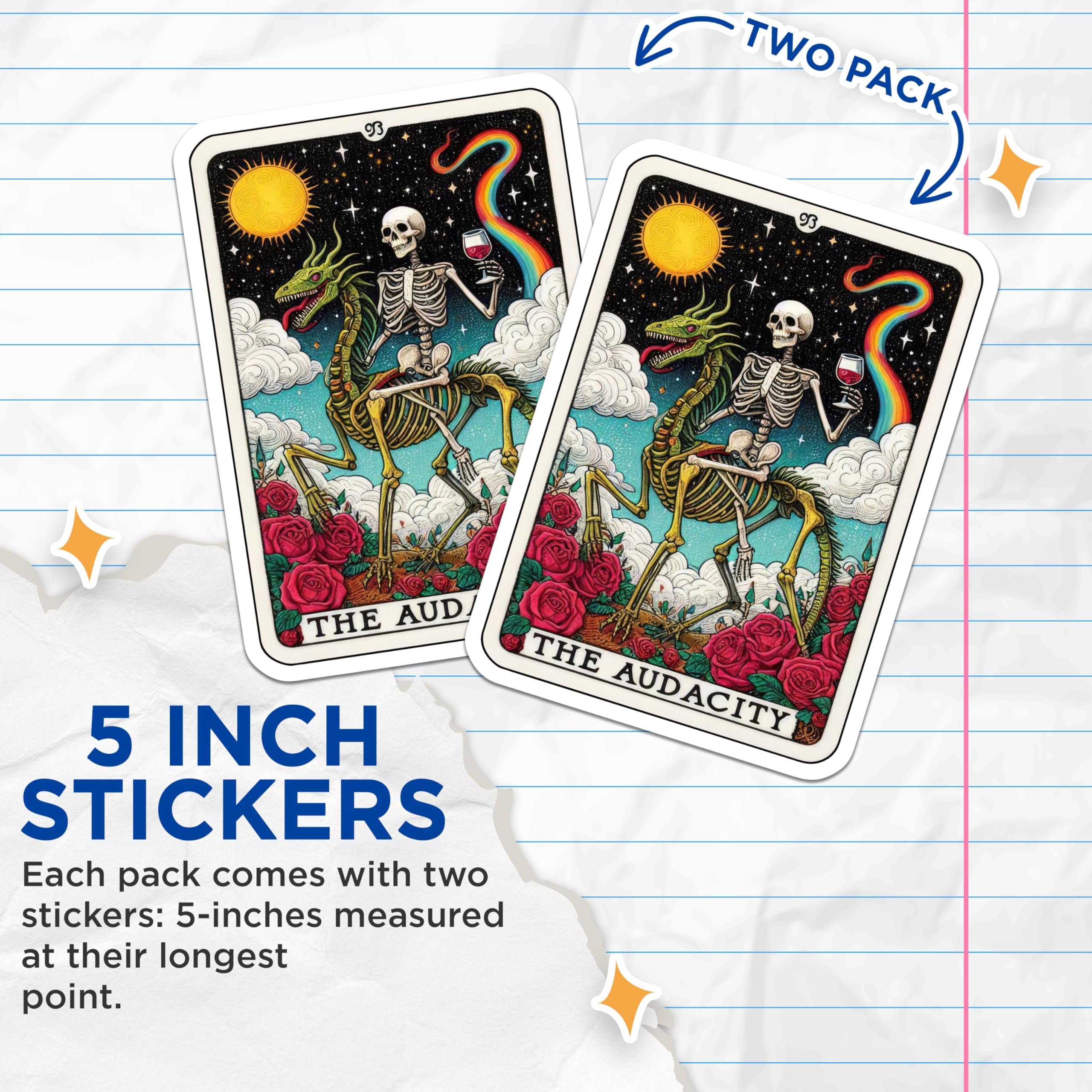 (2 Pack) Tarot Skeleton Riding Dragon Stickers - Audacity Skeleton Art - Mystical Tarot Card Stickers - 5" On Longest Side - Sticks to Smooth Flat Surfaces - Made in USA - BMCS5350