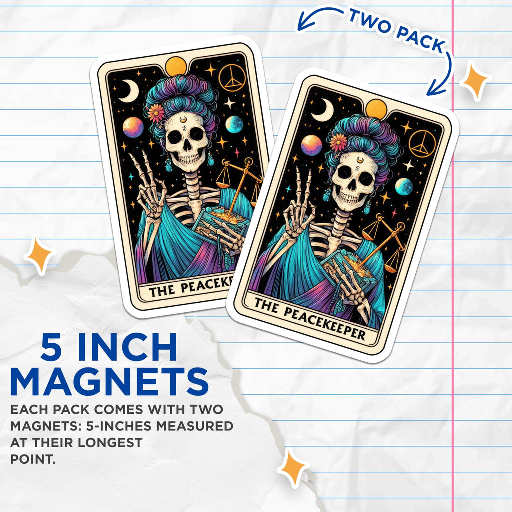 (2 Pack) Peacekeeper Tarot Card Magnets - Mystical Skeleton Peace Sign Art - Bohemian Hippie Spiritual Astrology Decor - 5 Inches On Longest Side - Thick Durable Magnet - Made in USA - MAG22965