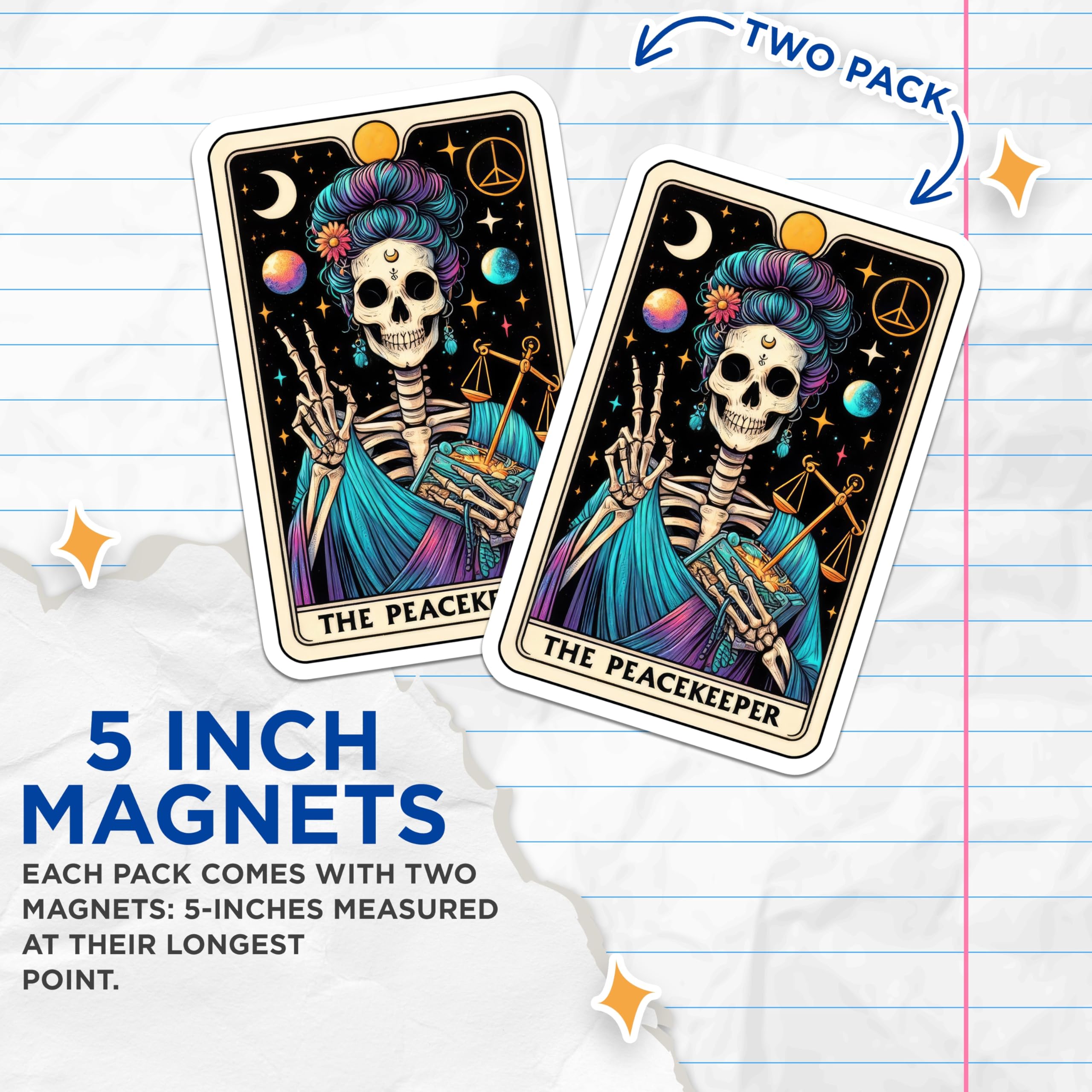 (2 Pack) Peacekeeper Tarot Card Magnets - Mystical Skeleton Peace Sign Art - Bohemian Hippie Spiritual Astrology Decor - 5 Inches On Longest Side - Thick Durable Magnet - Made in USA - MAG22965