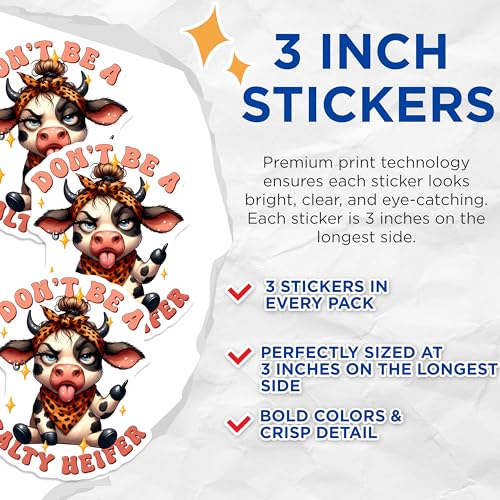 (3 Pack) Salty Heifer Decals - Funny Cow Sticker - Laptop Decal - Sarcastic Decal - 3 Inches On Longest Side - Easy Peel & Apply - Made in USA - 3MCS2558
