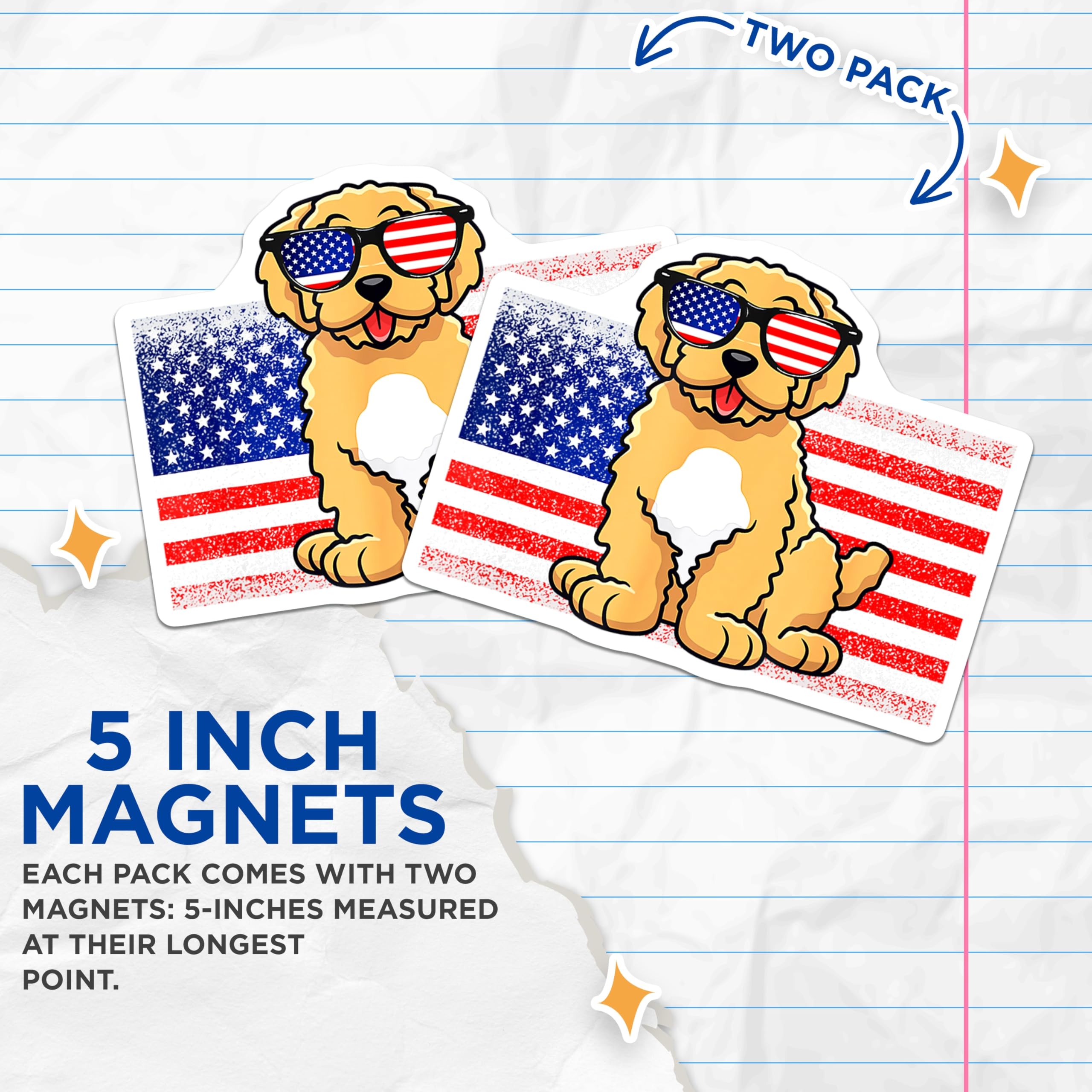 (2 Pack) Goldendoodle Patriotic Dog Magnets - USA Flag Sunglasses Puppy Decor - American Pet Lover Refrigerator Accessory - 5 Inches On Longest Side - Thick Durable Magnet - Made in USA - MAG24182