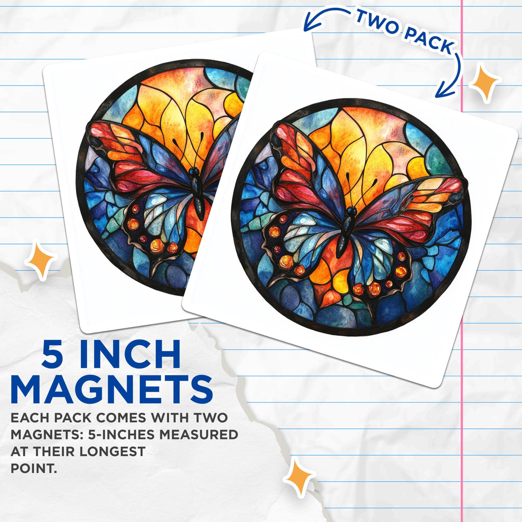 (2 Pack) Stained Glass Butterfly Magnets - Vibrant Kitchen Decor - Nature Lover Magnets - 5 Inches On Longest Side - Thick Durable Magnet - Made in USA - MAG30426