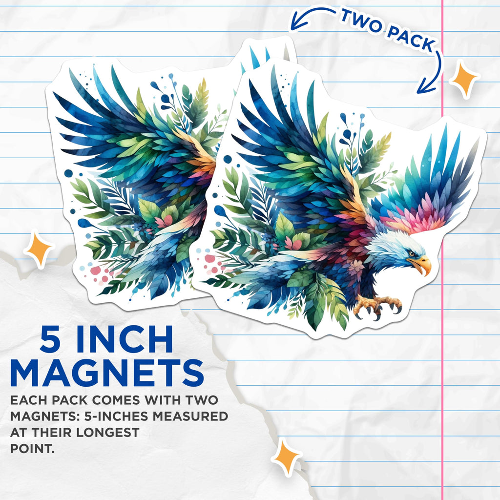 (2 Pack) Watercolor Eagle Magnets - Vibrant Botanical Bird Art - Majestic Wildlife Decor - 5 Inches On Longest Side - Thick Durable Magnet - Made in USA - MAG20510