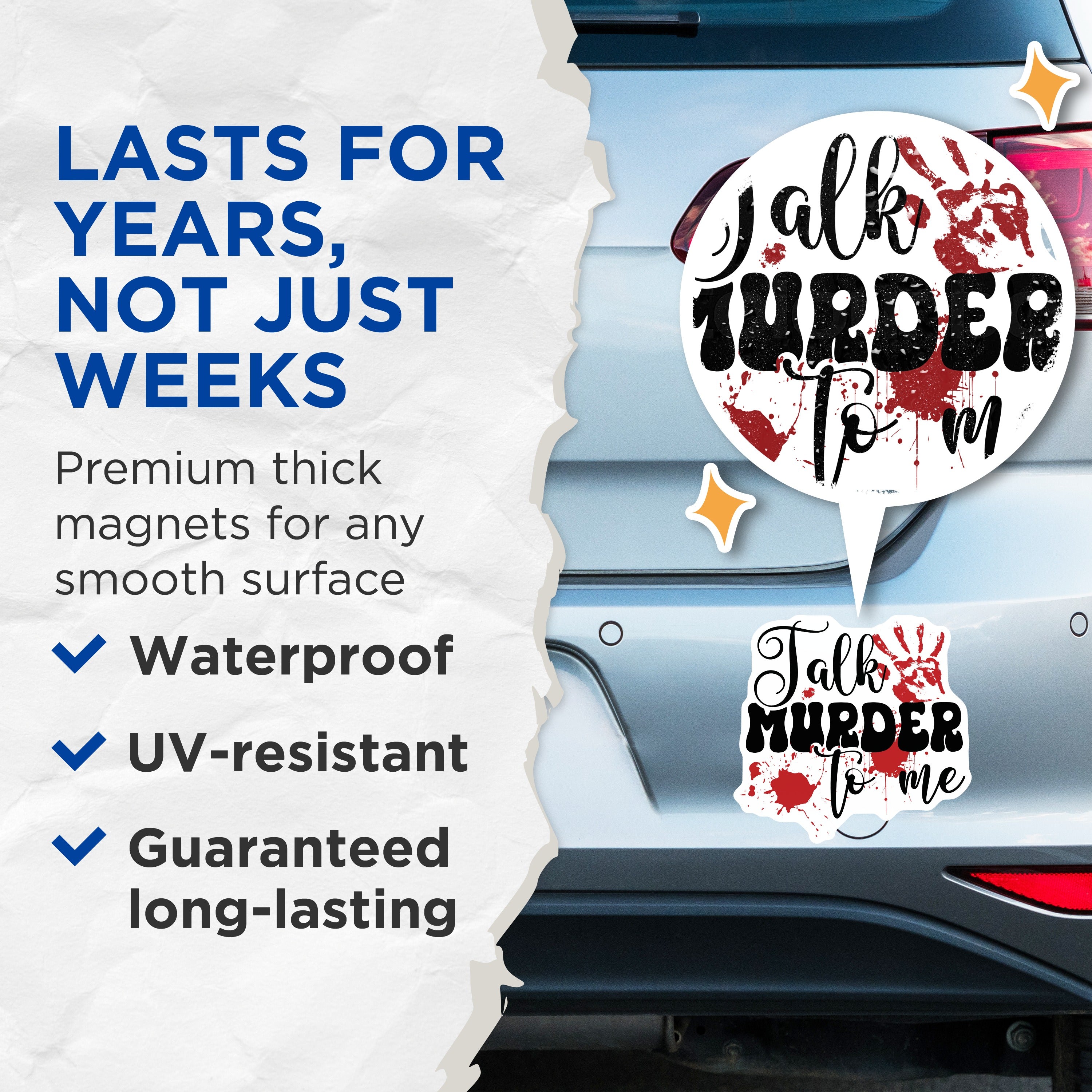(2 Pack) True Crime Fan Magnets - Murderino Refrigerator Decor - Dark Humor Spooky Home Accent - Talk Murder to Me - 5 Inches On Longest Side - Thick Durable Magnet - Made in USA - MAG37806