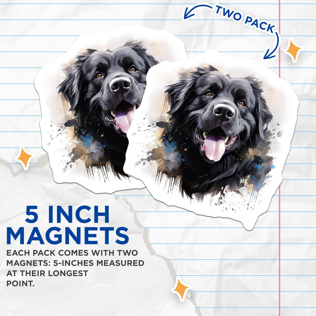 (2 Pack) Newfoundland Dog Magnets - Black Canine Watercolor Art - Happy Smiling Pet Decor - Animal Lover Fridge Locker - 5 Inches On Longest Side - Thick Durable Magnet - Made in USA - MAG24244