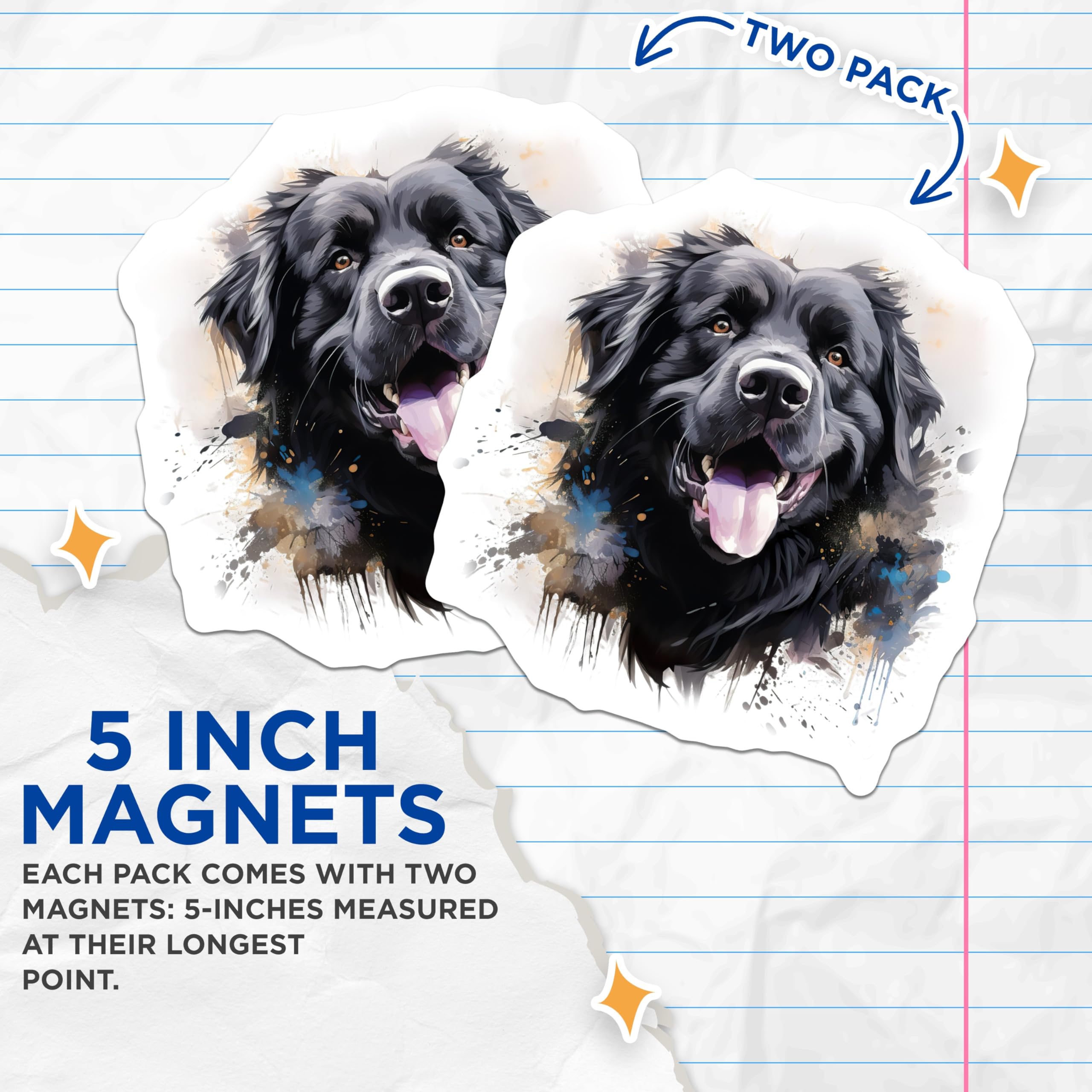 (2 Pack) Newfoundland Dog Magnets - Black Canine Watercolor Art - Happy Smiling Pet Decor - Animal Lover Fridge Locker - 5 Inches On Longest Side - Thick Durable Magnet - Made in USA - MAG24244
