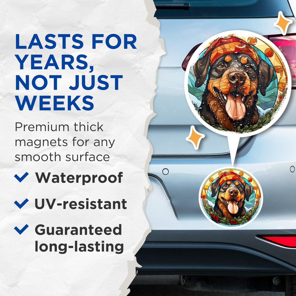 (2 Pack) Stained Glass Rottweiler Magnets - Christmas Pet Art - Winter Holiday Decor - 5 Inches On Longest Side - Thick Durable Magnet - Made in USA - MAG24773