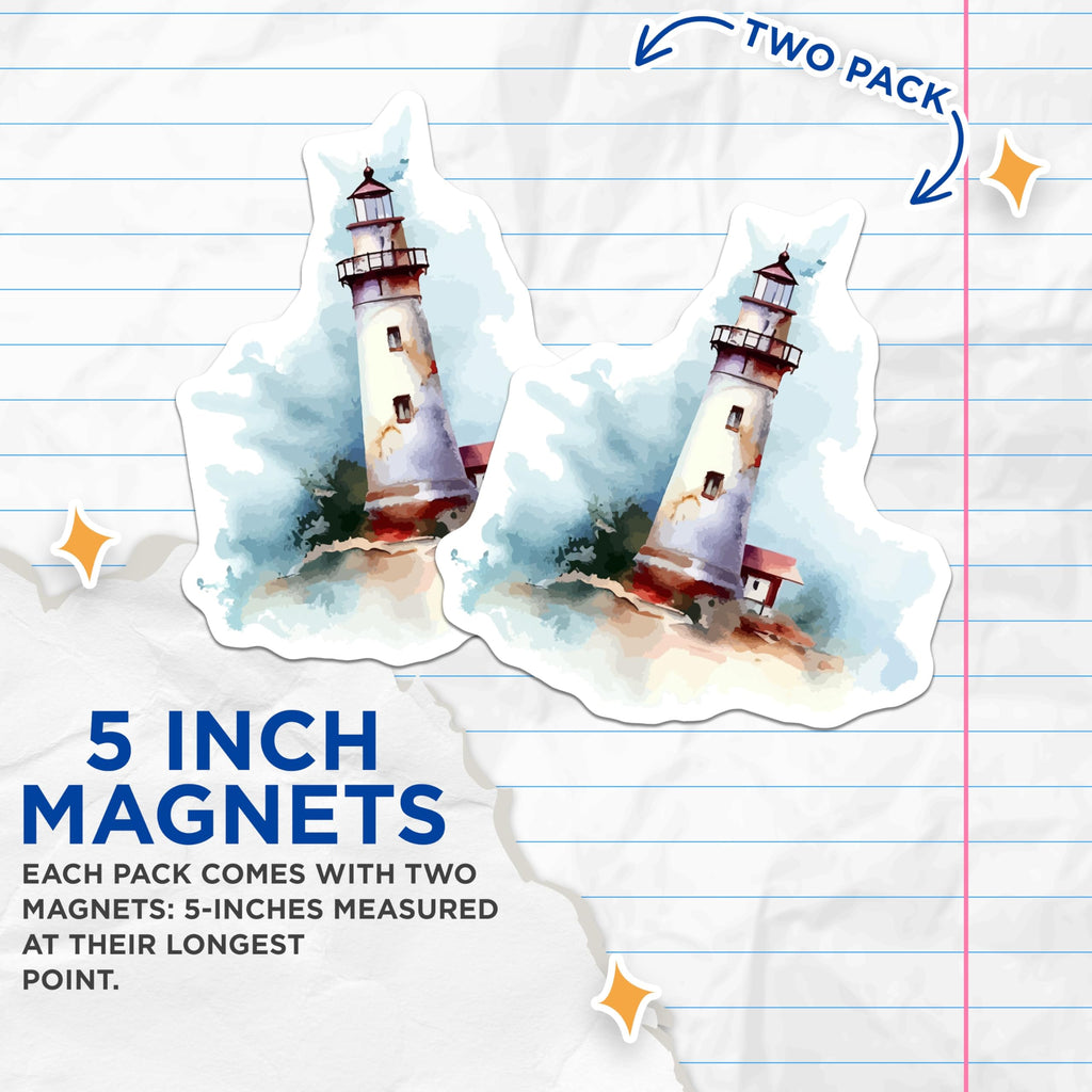 (2 Pack) Lighthouse Magnets - Watercolor Coastal Scene - Ocean Nautical Decor - Beach House Aesthetic - 5 Inches On Longest Side - Thick Durable Magnet - Made in USA - MAG20034