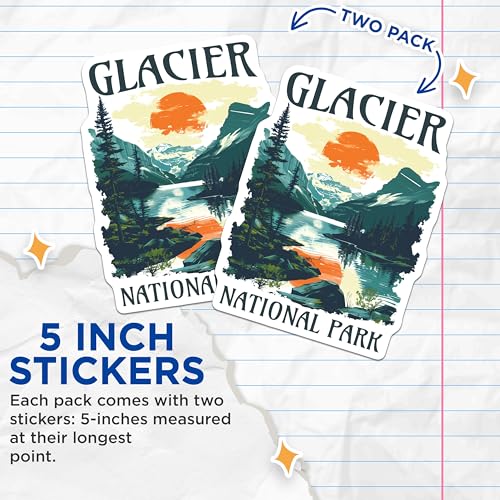 (2 Pack) Glacier National Park Stickers - Scenic Nature Stickers - Adventure Travel Stickers - 5" On Longest Side - Sticks to Any Smooth Flat Surface - Made in USA - BMCS3469