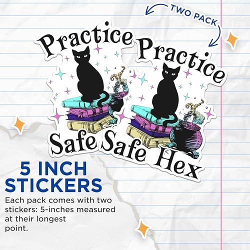 (2 Packs) Practice Safe Hex Stickers - Funny Witchy Vibes Black Cat Decals - 5 Inches On Longest Side - Premium Vinyl Decal - Sticks to Any Smooth Flat Surface - Made in USA - BMCS2514