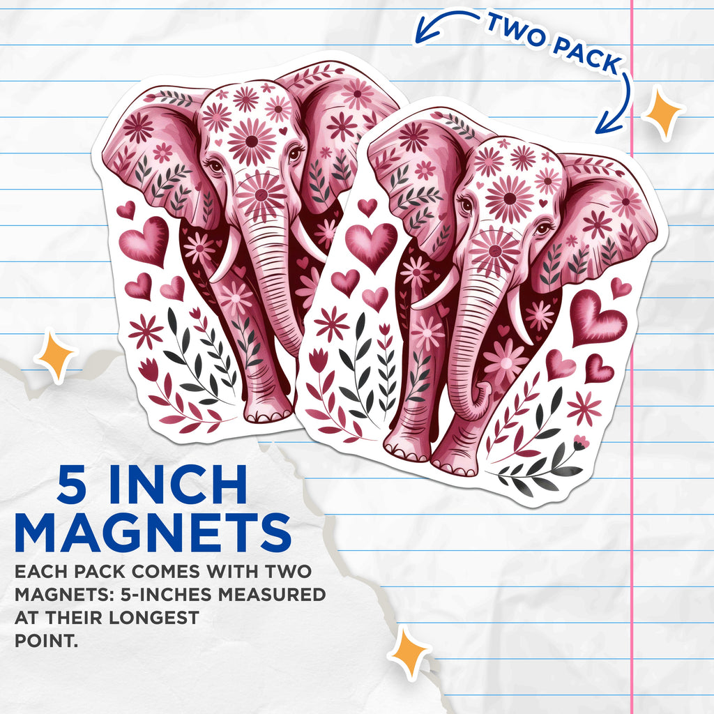 (2 Pack) Pink Floral Elephant Magnets - Whimsical Boho Decor - Spirit Animal Refrigerator Art - Unique Kitchen Home Accent - 5 Inches On Longest Side - Thick Durable Magnet - Made in USA - MAG38521