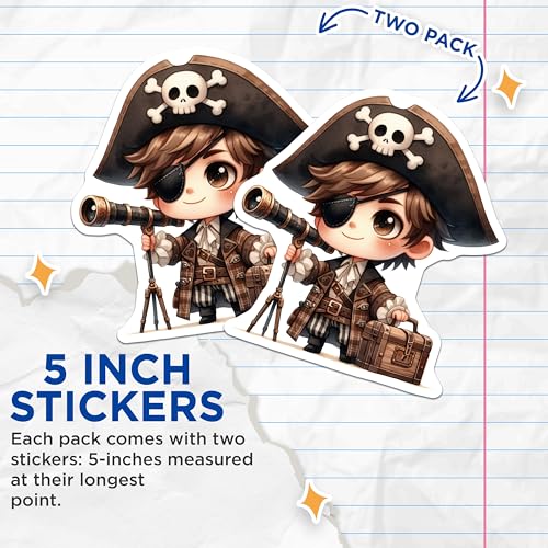(2 Pack) Cute Pirate Stickers - Pirate Theme - Kids Room Decor Stickers - 5" On Longest Side - Sticks to Smooth Flat Surfaces - Made in USA - BMCS6512