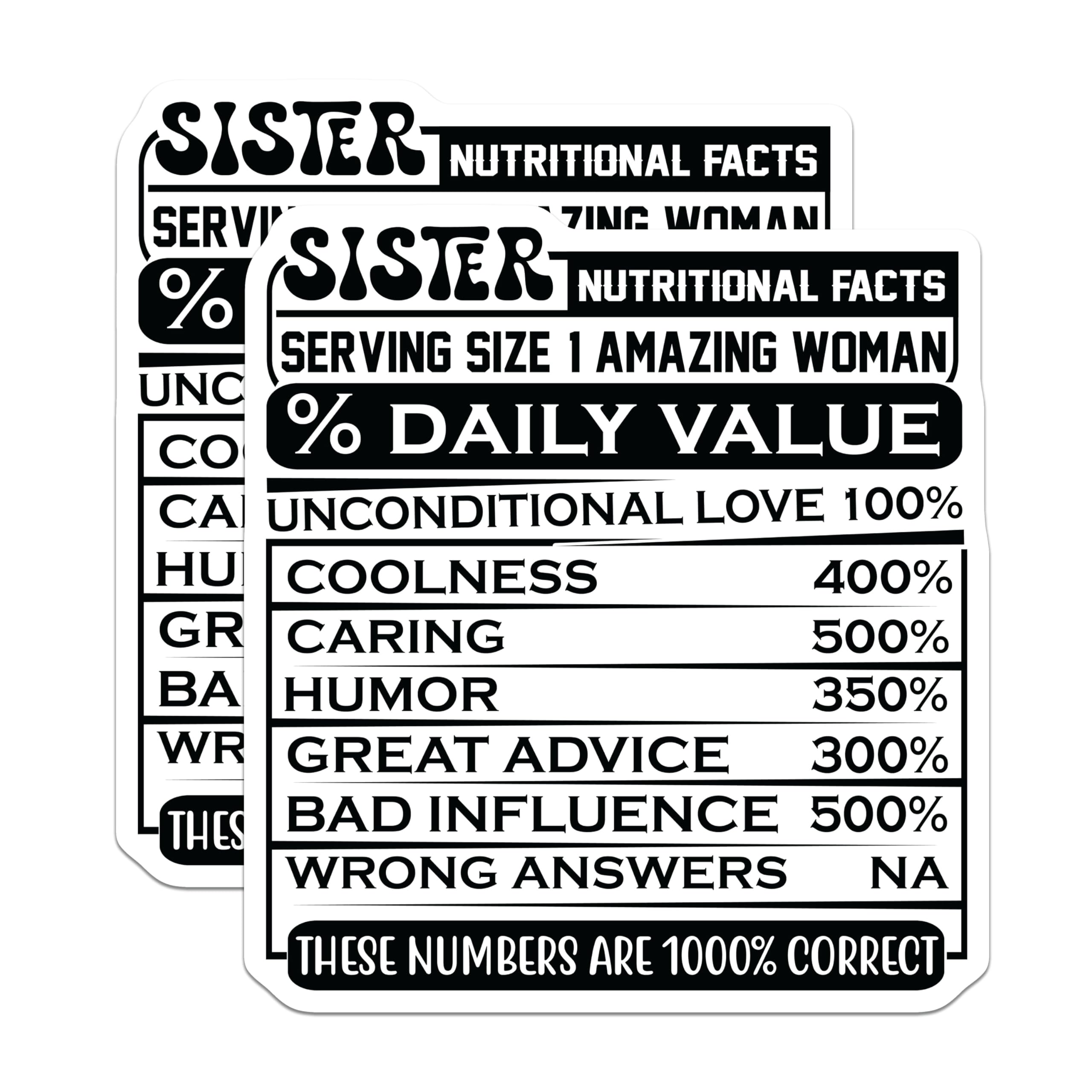 (2 Pack) Sister Nutrition Facts Magnets - Funny Sister - Sister Appreciation - 5" On Longest Side - Premium Magnet - for Cars, Refrigerators, Toolboxes, Lockers - Made in USA - MAG16425
